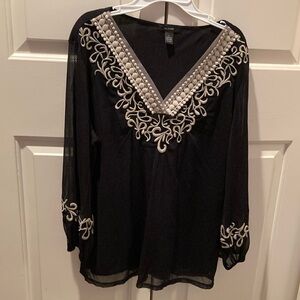 Alfani Black and White Embellished Long Sleeve Blouse Dark navy blue